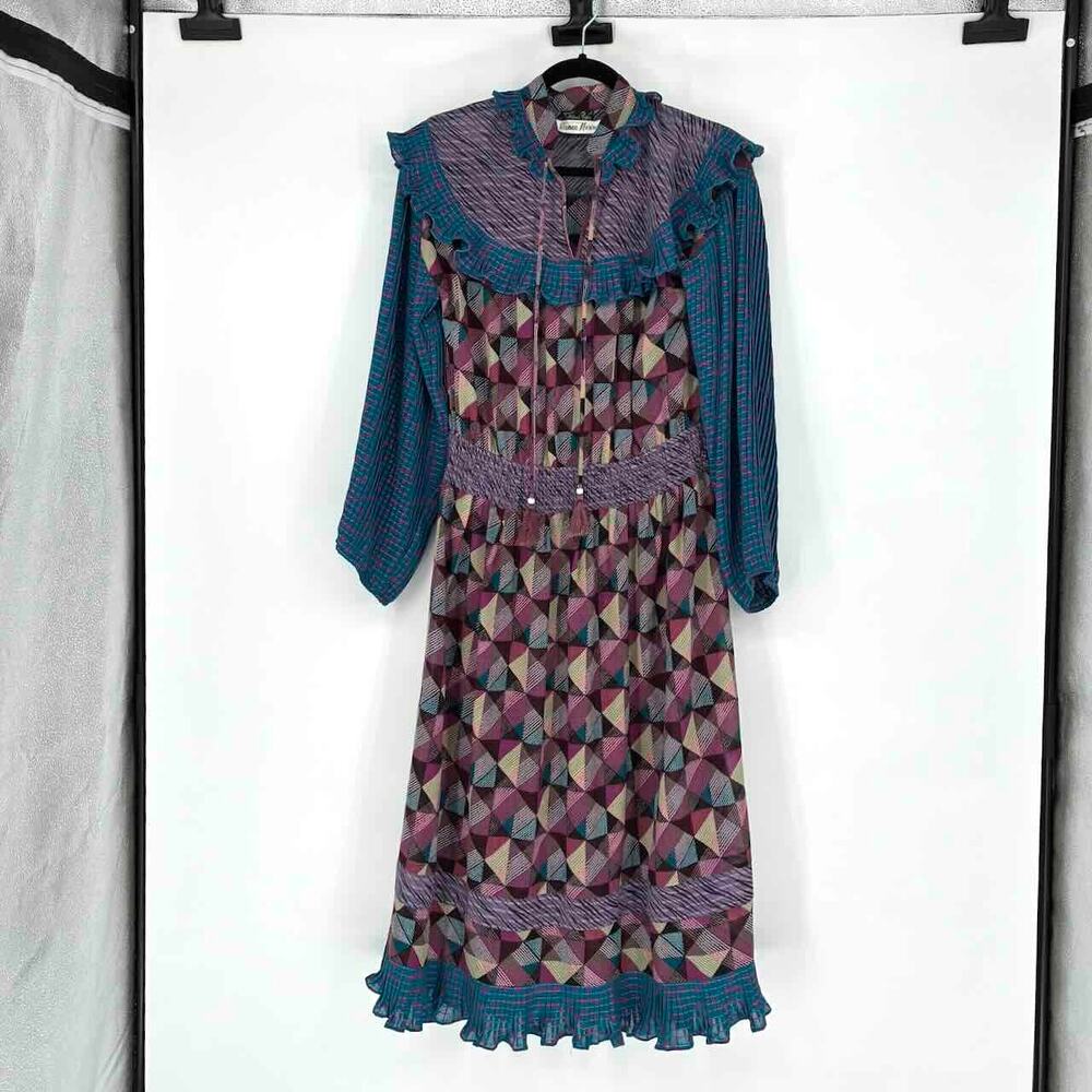 Vtg 70s Diane Freis Geometric Purple & Blue Print Boho Midi Dress - Size M/L